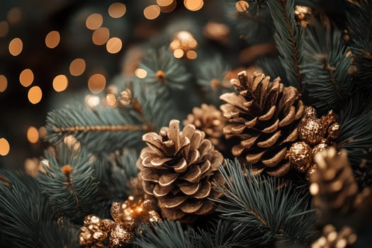 Golden pine cones adorn lush evergreen branches with warm twinkling lights creating a cozy holiday atmosphere in winter.