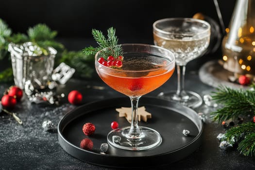 Two elegant cocktails sit on a black tray surrounded by holiday decorations creating a warm atmosphere perfect for festivities.