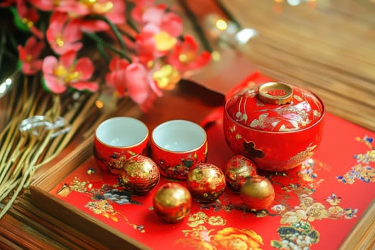 This setting features a beautiful red tea set with two cups golden eggs and vibrant flowers arranged on an ornate tray.