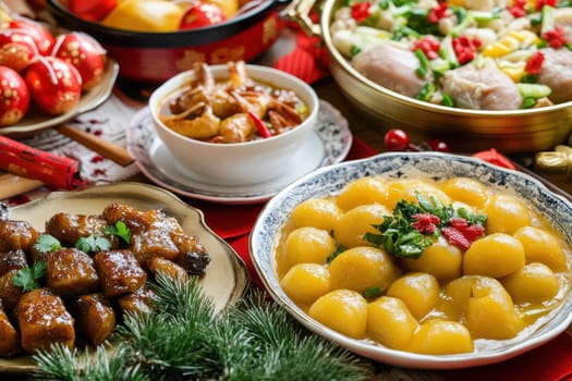 A beautifully arranged festive dining table featuring diverse dishes showcasing a celebration with family favorites and seasonal ingredients.