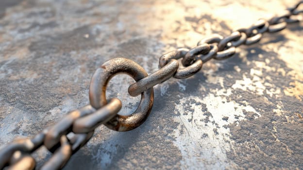 A close up view of a weathered metal chain lying on a rough textured surface illuminated by soft light highlighting its worn features.