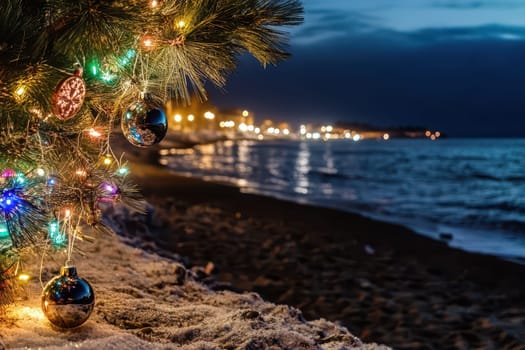 A beautifully lit Christmas tree stands on the sandy beach with festive decorations and a tranquil ocean backdrop during the night.