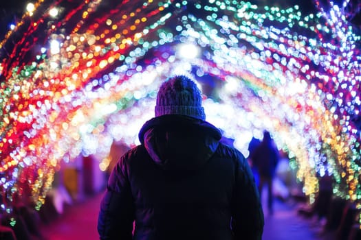 A person stands under a vibrant display of colorful lights enjoying the festive atmosphere of a winter festival in the evening.