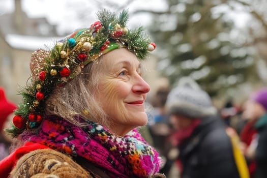 A happy woman wearing a colorful scarf and a decorated crown smiles during a winter festival in a snowy town gathering.