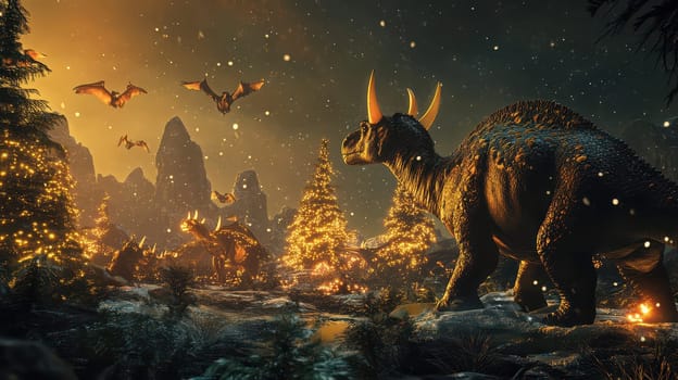 A group of dinosaurs enjoying a festive atmosphere surrounded by snow decorated trees and a night sky filled with flying creatures.