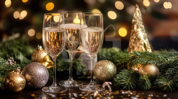 Three elegant champagne glasses filled with bubbly sit on a table adorned with holiday ornaments and greenery creating a festive atmosphere.