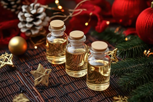 Three small glass bottles filled with essential oils are displayed among festive decorations like pinecones and gold ornaments.