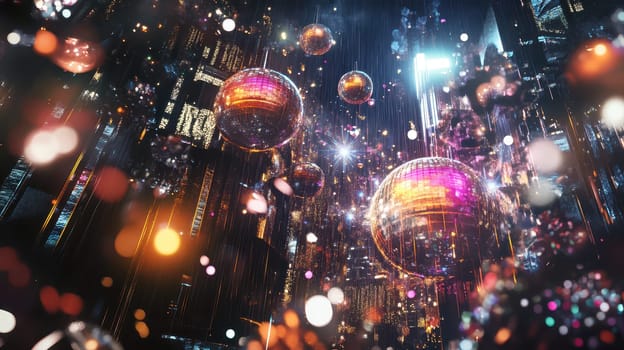 Bright spheres and lights fill a vibrant digital cityscape with a mix of colors creating a lively futuristic atmosphere.