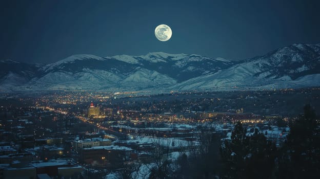 A bright full moon shines over a snowy town surrounded by mountains casting a beautiful glow on the peaceful landscape below.