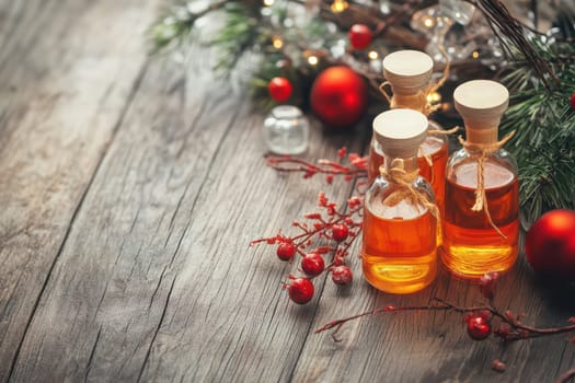 A wooden table displays three bottles of aromatic oils surrounded by festive decorations including red ornaments and greenery for the holidays.