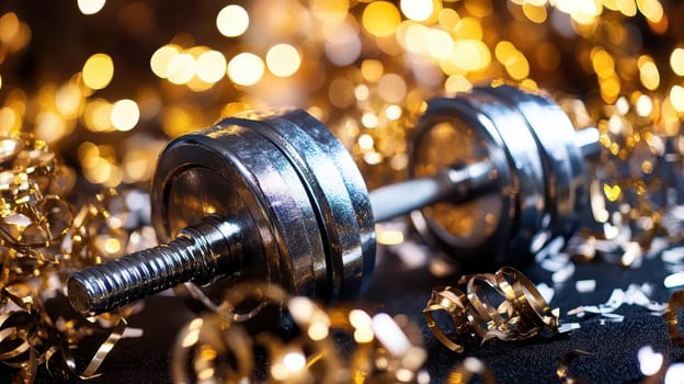 A shiny dumbbell rests on a black surface surrounded by gold decorations and sparkling lights during a festive celebration.