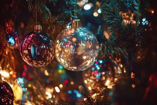 Colorful ornaments hang on a beautifully decorated Christmas tree reflecting vibrant lights in a cozy holiday atmosphere.