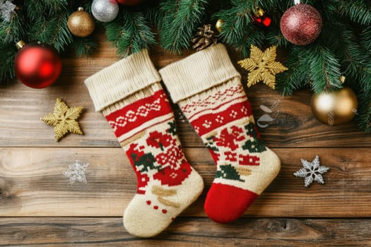 Two knitted holiday stockings sit on a wooden surface surrounded by ornaments and holiday accents evoking a warm celebration atmosphere.