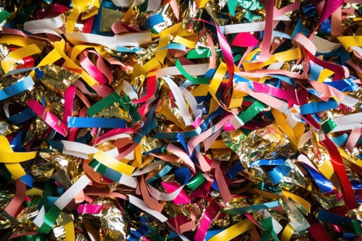 Brightly colored confetti and shiny decorations are scattered across the floor creating a vibrant and festive atmosphere for celebrations.