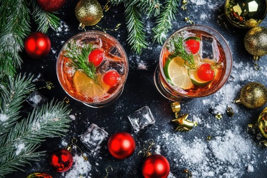 Two vibrant cocktails with ice cherries and lime sit among festive ornaments on a snowy black surface ready for celebration.