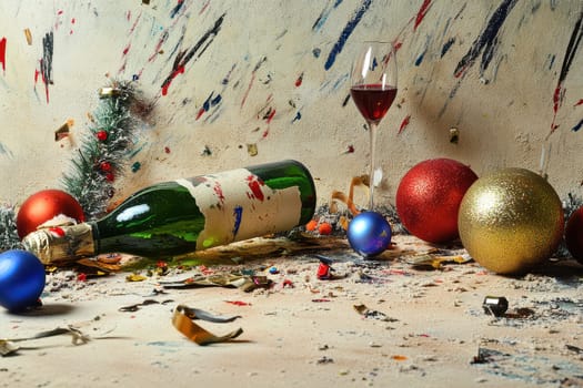 A vibrant celebration setup features a tipped champagne bottle colorful ornaments and a wine glass creating a playful and festive atmosphere.