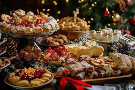 A beautifully arranged dessert table features an array of pastries fruits and festive decorations perfect for a holiday gathering.
