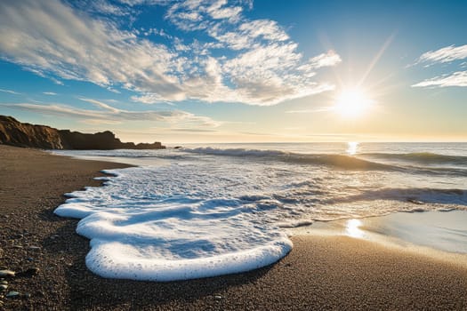 Waves softly lap against the sandy shore as the sun sets casting a warm glow over the tranquil beach landscape.