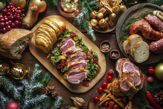 A beautifully arranged holiday table features various meats colorful salads and festive decorations creating a warm and inviting atmosphere.