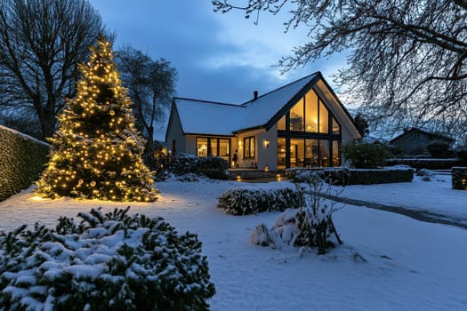 Snow covers the ground as a charming house shines with warm lights and a festive tree in the yard creating a peaceful winter ambiance.