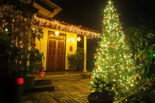 A beautifully decorated Christmas tree shines with lights next to a warmly lit home during the festive night creating a joyful atmosphere outside.