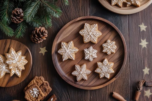 A display of decorated gingerbread snowflake cookies on wooden platters surrounded by pine branches and holiday ornaments.