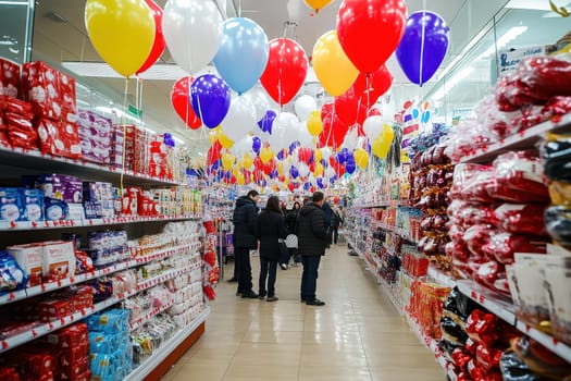 Shoppers browse through a vibrant aisle filled with colorful balloons and various party supplies in a busy store.
