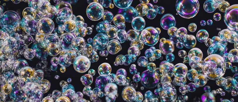 Colorful soap bubbles of different sizes float gracefully against a dark background crafting a whimsical vibrant scene.