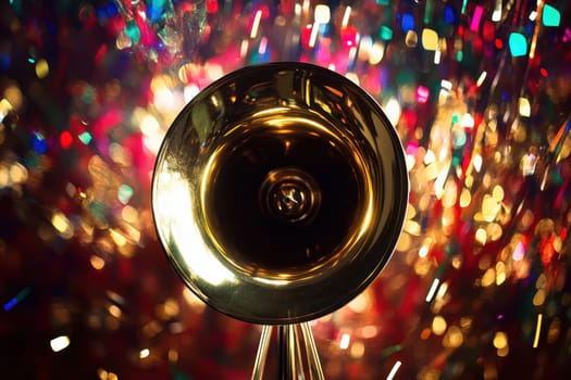 A golden trumpet stands out as vibrant lights create a dazzling atmosphere around it perfect for a festive celebration or concert.