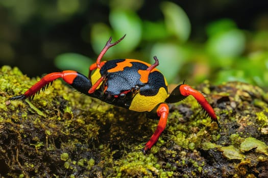 A vibrant crab with black orange and yellow colors perches on a moss covered rock in a lush tropical forest during daylight.