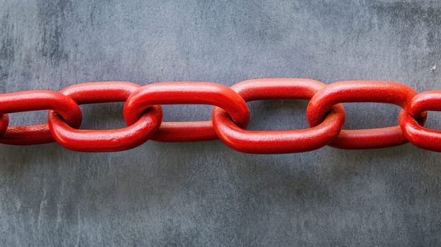 A series of connected red chain links are displayed on a rough gray surface highlighting the strength and color contrast of the materials.