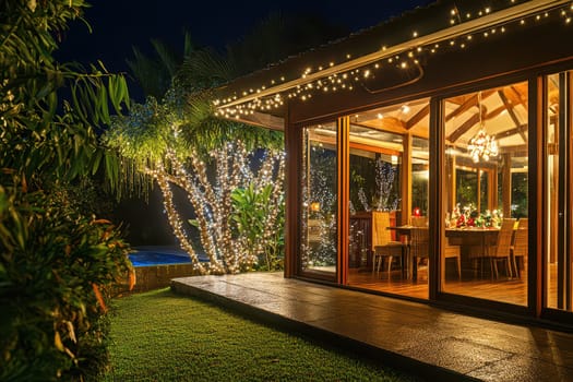 The elegant dining area features string lights and a beautiful garden perfect for a cozy evening gathering by the poolside.