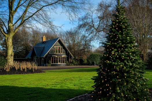 A charming house is surrounded by a winter garden with a beautiful Christmas tree adorned with lights in the foreground.