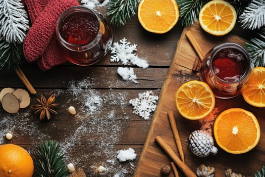 A cozy setup featuring warm drinks fresh oranges cinnamon and holiday decorations creates a festive atmosphere perfect for winter gatherings.