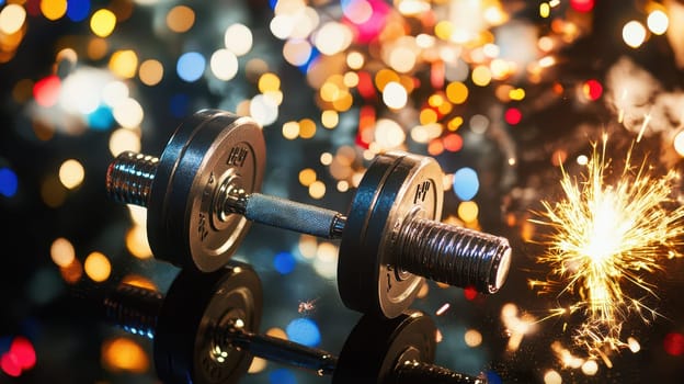 A dumbbell rests on a reflective surface amidst colorful sparkling lights creating a vibrant atmosphere perfect for fitness motivation.