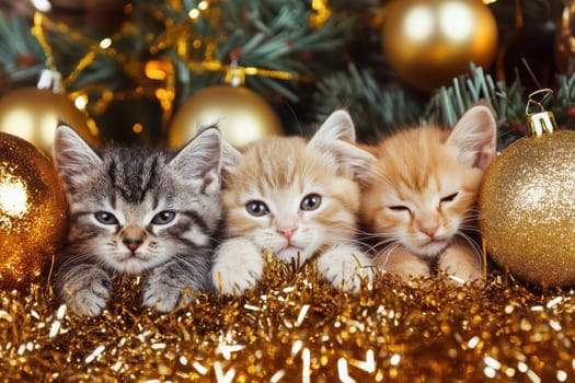 Three playful kittens are nestled in shiny decorations surrounded by golden ornaments and festive greenery during the holiday season.