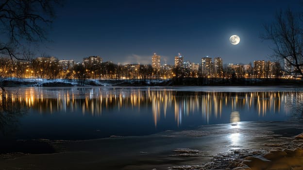 The city skyline glows under the full moons light reflecting shimmering colors on the calm water at night.