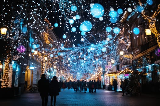 People stroll through a beautifully lit street adorned with blue and white lights creating a festive winter atmosphere at night.