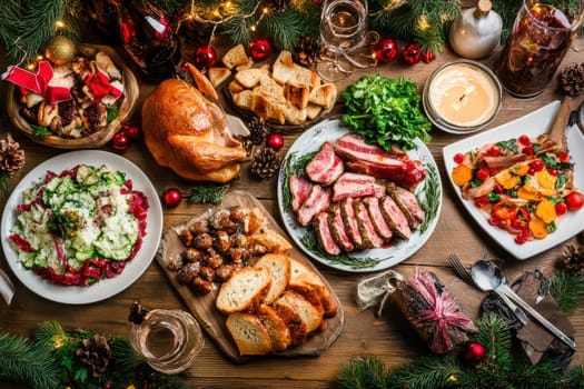 A beautiful holiday feast featuring roasted turkey salads and desserts on a rustic wooden table decorated with greenery and ornaments.