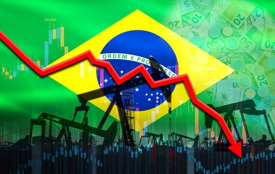 Petrol crisis with Brazil flag on financial graph. Fall oil price with flag of Brazil on economic chart