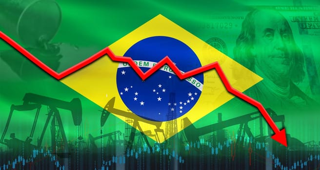 Fall oil price with flag of Brazil on economic chart. Petrol crisis with Brazil flag on financial graph