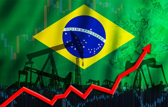 Oil production with Brazil flag, petrol industry. Oil pumps with Brazil flag