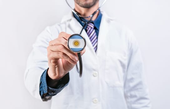 Healthcare System Argentina, doctor holding sthetoscope. Argentina health and medical insurance concept