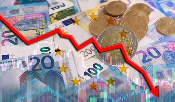 Fall of the euro on financial graph. Financial fall of the euro
