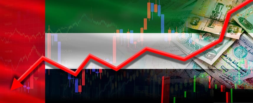 Financial fall of Dubai on economy market. Dubai financial crisis on economic graph
