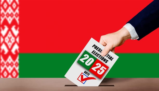 Hand holding ballot in voting ballot box with Belarusian flag. Belarus presidential elections