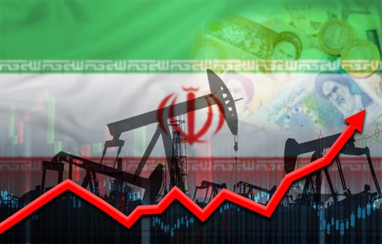 Iranian oil production on economic graph. Oil industry with iran flag on financial graph