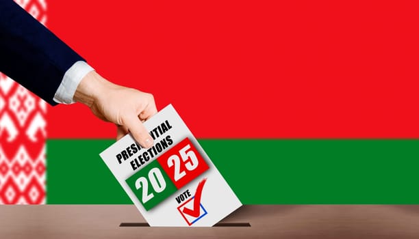 Belarus presidential elections. Hand holding ballot in voting ballot box with Belarusian flag