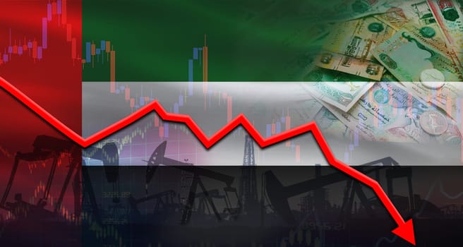 Dubai Oil production crisis. Oil crisis with Dubai flag on economic graph