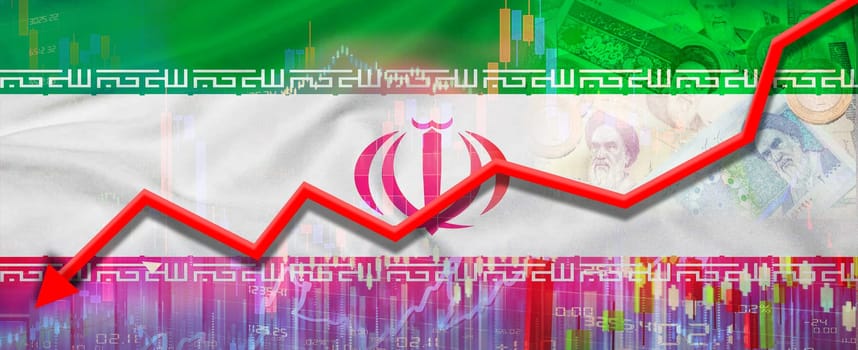 Financial fall of Iran on economy market. Iran financial crisis on economic graph